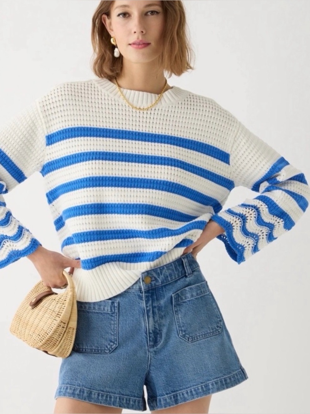 J. Crew Textured crewneck pullover sweater in stripe blue and white